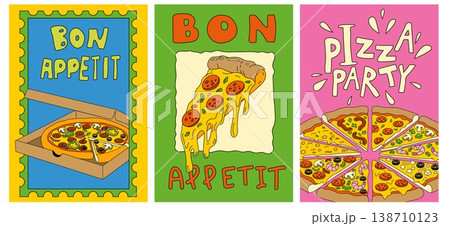 Pizza Posters Set with Bon Appetit and Pizza Party Text 138710123