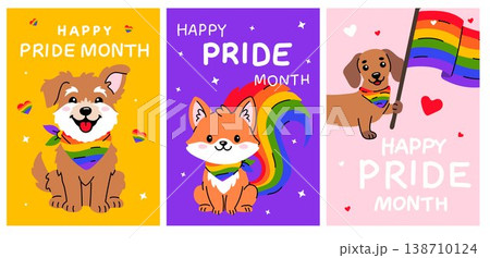 Pride Month Posters with Cute Dog Fox and Rainbow Flag Pride Month Posters with Cute Dog Fox and Rainbow Flag 138710124