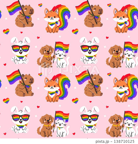 Seamless Pattern with Cute Pride Animals and Rainbow Flags 138710125