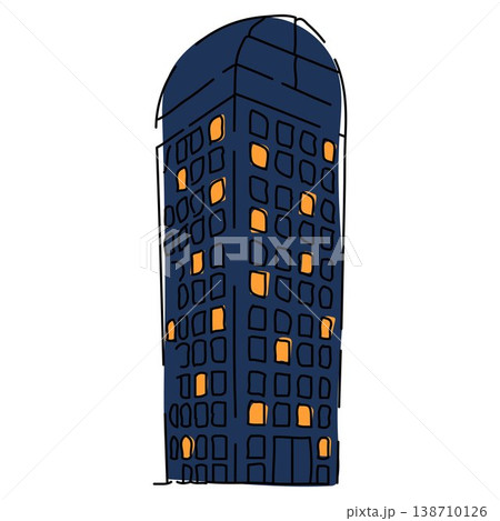Tall City Building with Lit Windows Cartoon Style 138710126