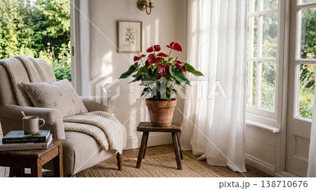 窓辺のアンスリウムと朝の光　テラコッタ鉢のインテリアグリーン 138710676