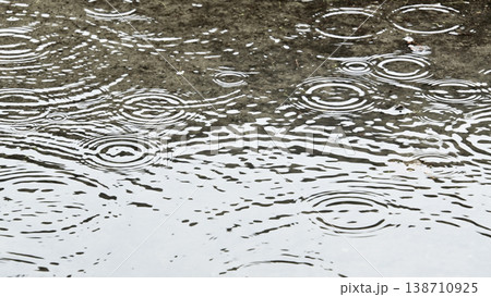 雨の日の水たまりに 水滴が落ちて広がる波紋 雨の日の水たまりに 水滴が落ちて広がる波紋 138710925