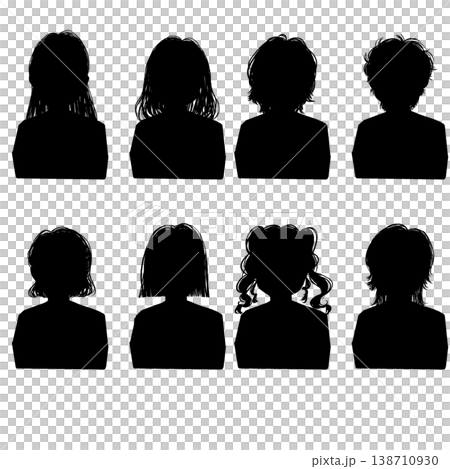 女の子の様々な髪型のシルエットセット　PNG透過素材 138710930