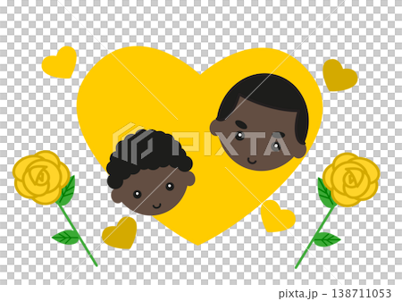 Father's Day, Birthday: An African-American father and son smiling amidst a yellow heart. 138711053
