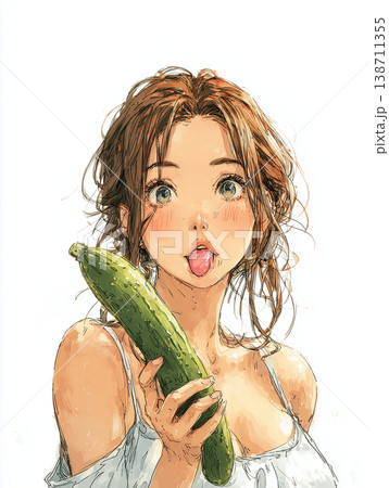 太くておっきなキュウリを舐める女性のイラスト 138711355