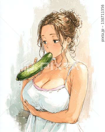 太くておっきなキュウリを舐める女性のイラスト 太くておっきなキュウリを舐める女性のイラスト 138711356