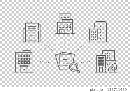 Vector illustration (line drawing, monochrome) representing a competitive analysis and comparison of multiple companies. 138711489