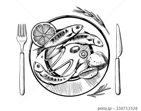 Rustic sardine dinner in minimalist vector line art. Plated seafood with potato, lemon and rosemary for farm-to-table restaurant menu, authentic cooking blog graphics and home dining lifestyle Rustic sardine dinner in minimalist vector line art. Plated seafood with potato, lemon and rosemary for farm-to-table restaurant menu, authentic cooking blog graphics and home dining lifestyle 138711528
