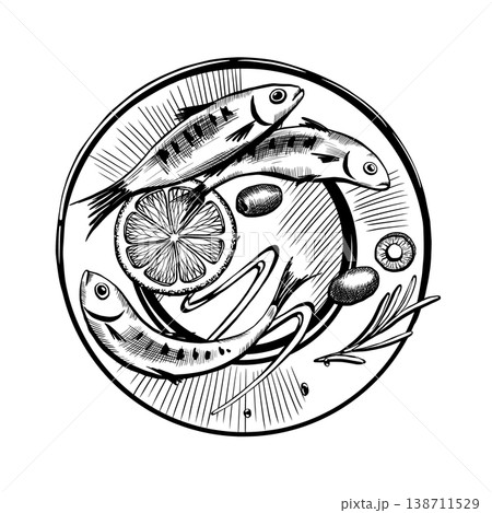 Sardine dish top view in minimalist vector line art. Plated seafood with lemon and herbs for mediterranean tourism branding, gourmet restaurant menu layout and organic fish market packaging Sardine dish top view in minimalist vector line art. Plated seafood with lemon and herbs for mediterranean tourism branding, gourmet restaurant menu layout and organic fish market packaging 138711529