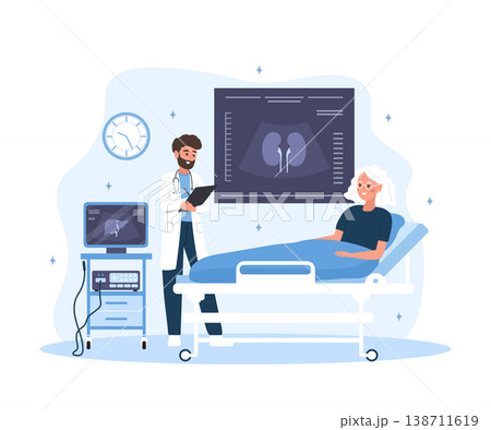 Medical ultrasound for kidney diagnosis and treatment. Male doctor with patient in hospital. Internal organ health check. Anatomy vector illustration in flat cartoon style Medical ultrasound for kidney diagnosis and treatment. Male doctor with patient in hospital. Internal organ health check. Anatomy vector illustration in flat cartoon style 138711619