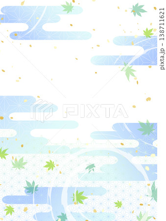 涼しげな波紋と青もみじ　和風伝統模様背景イラスト 138711621