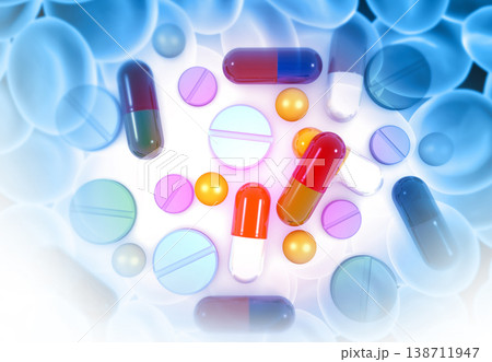 Pills, tablets, capsules on abstract medical background Pills, tablets, capsules on abstract medical background 138711947