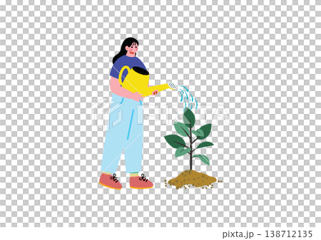 An illustration of a woman watering a tree with a watering can. An illustration of a woman watering a tree with a watering can. 138712135