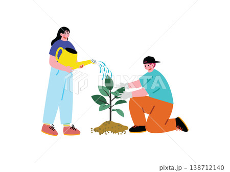 木を植える男女のイラスト 木を植える男女のイラスト 138712140