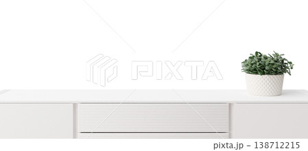 A sideboard sits on a clear background with a plant on top. The sideboard has clean lines and an open space design. The plant adds a touch of nature to the space A sideboard sits on a clear background with a plant on top. The sideboard has clean lines and an open space design. The plant adds a touch of nature to the space 138712215