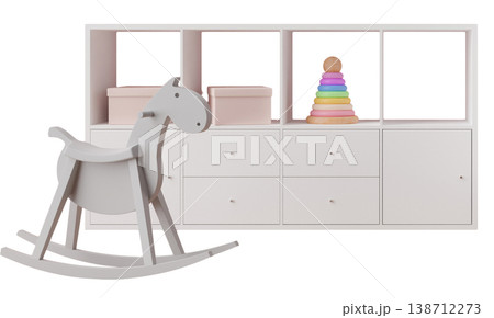 A rocking horse stands next to a storage unit that holds colorful stacking toys. This scene represents a children's play area with organized storage 138712273