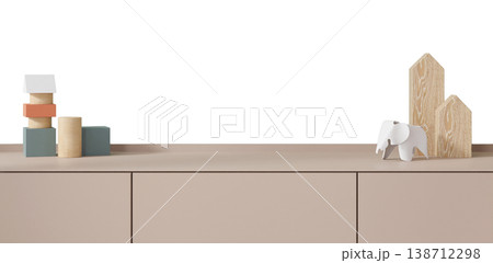 The sideboard features a combination of wooden toys and blocks in various shapes and colors. This setup is ideal for a kids room. The clean background emphasizes the objects The sideboard features a combination of wooden toys and blocks in various shapes and colors. This setup is ideal for a kids room. The clean background emphasizes the objects 138712298
