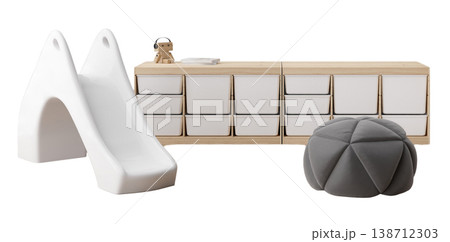 A kids room featuring a slide, a storage unit with drawers, and a soft ottoman. These elements create a playful and functional space for children to enjoy and explore 138712303