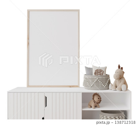 A collection of kids room furniture featuring a white cabinet with empty picture frame and various toys including a lion, a horse, and decorative baskets on surfaces 138712318