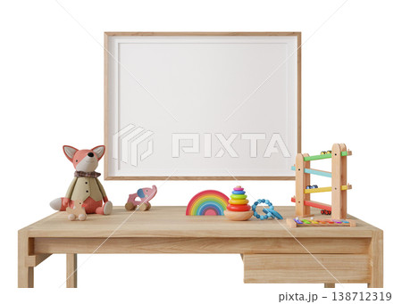 3D render shows kids room furniture featuring a desk with a picture frame, toys like a fox, elephant, rainbow stacker, and other colorful items on a clear background 3D render shows kids room furniture featuring a desk with a picture frame, toys like a fox, elephant, rainbow stacker, and other colorful items on a clear background 138712319