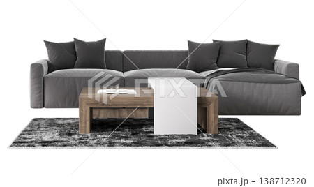 This setup features a gray sofa with pillows, a wooden coffee table, and a soft rug on a clear background. The design shows a modern living space ideal for relaxation 138712320