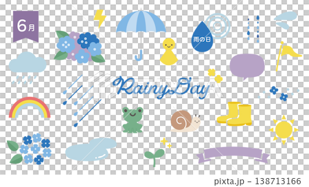 Rainy season illustration set: umbrella, hydrangea, frog, rain boots, etc. 138713166