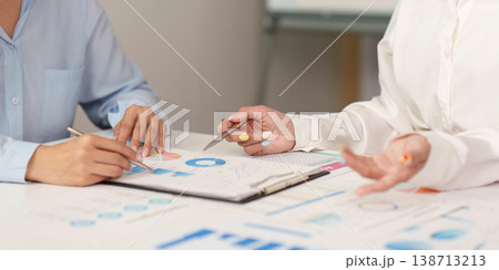 Colleagues discussing financial data during a meeting 138713213