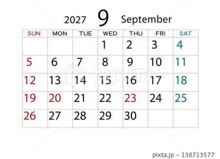 2027年カレンダー9月 ⑵ 2027年カレンダー9月 ⑵ 138713577