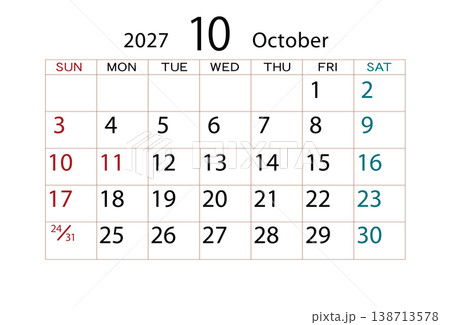 2027年カレンダー10月 ⑵ 138713578