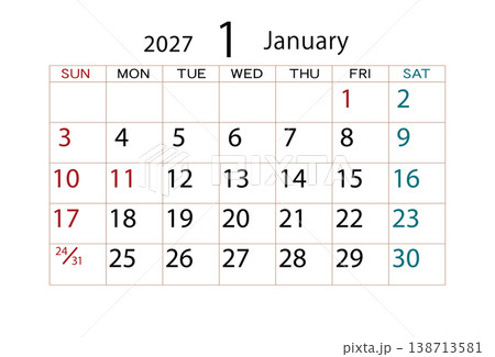 2027年カレンダー1月 ⑵ 138713581