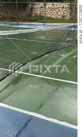 Tennis court with green surface and net, suitable for sports-themed backgrounds Tennis court with green surface and net, suitable for sports-themed backgrounds 138713600