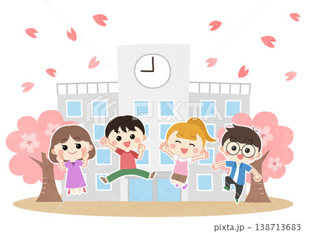 春の学校に行く子供たちのイラスト 138713683