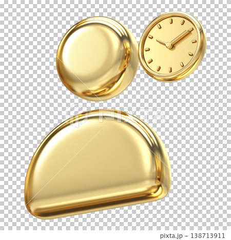 Golden user profile icon with clock symbol representing account history or pending status, Luxurious metallic finish perfect for time management and activity tracking interface design Golden user profile icon with clock symbol representing account history or pending status, Luxurious metallic finish perfect for time management and activity tracking interface design 138713911