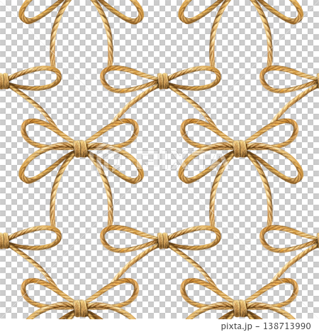 Watercolor seamless pattern of twisted rope tied into repeating bows. Realistic hand-painted style. Ideal for frames, packaging edges, invitations, textiles and nautical-themed designs 138713990
