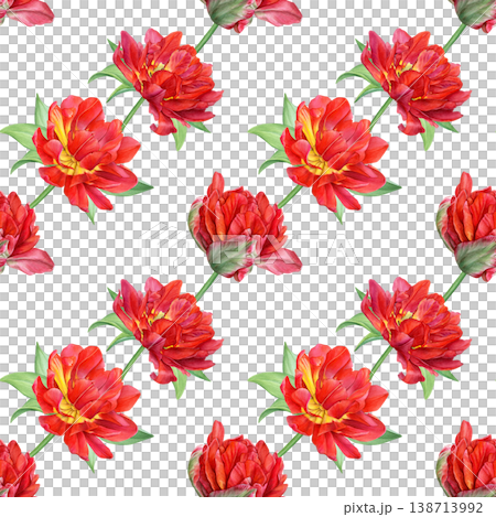 Seamless diagonal pattern of red double tulips with green leaves on white. Ideal for textiles, wrapping paper, branding, wallpapers and spring-themed designs 138713992