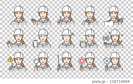 一組適合年輕女工戴安全帽的商務臉部表情。 138714094
