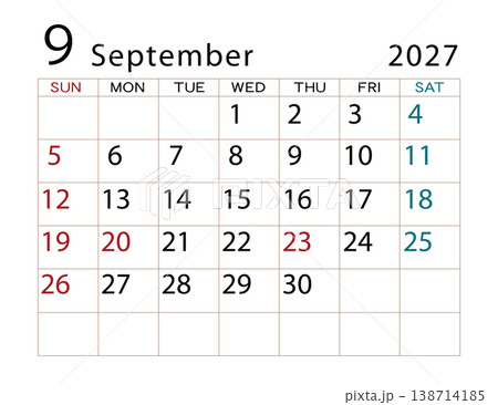 2027年カレンダー 9月 ⑵ 2027年カレンダー 9月 ⑵ 138714185