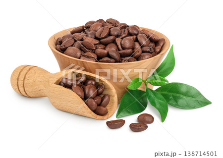 Coffee beans in wooden bowl and scoop isolated on a white background 138714501