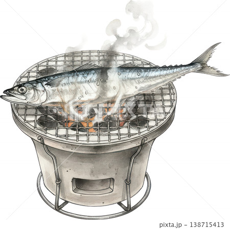 炭火で焼かれる魚のイラストレーション 138715413