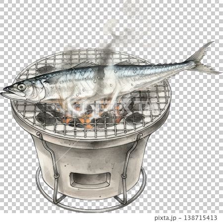 炭火で焼かれる魚のイラストレーション 138715413