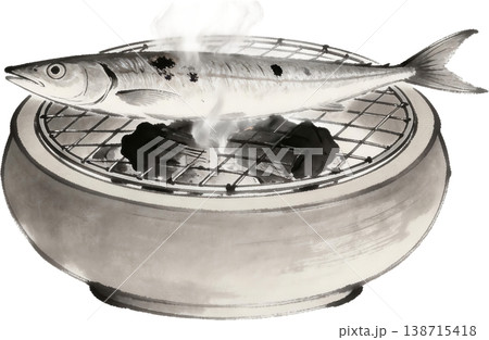 炭火で焼かれる秋刀魚の墨絵イラスト 138715418