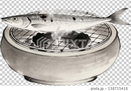 炭火で焼かれる秋刀魚の墨絵イラスト 138715418