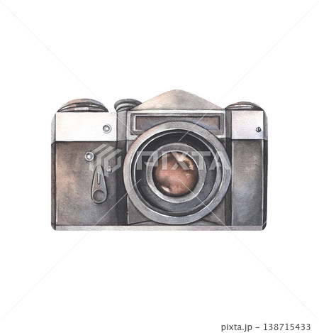 Hand-painted watercolor illustration of vintage compact camera isolated on white background. Perfect for tourism branding, blogs, packaging, posters, photography projects, lifestyle, hipster design 138715433