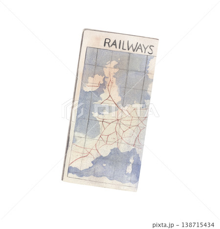 Hand-painted watercolor illustration of a vintage railway map isolated on white background. Nostalgic travel element ideal for tourism branding, posters, blogs, packaging, adventure, train design 138715434
