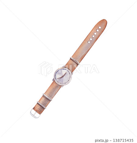 Hand-painted watercolor illustration of wristwatch with hands and brown strap isolated on white background. Classic travel accessory ideal for branding, packaging, blogs, posters, lifestyle design 138715435