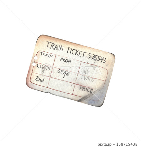 Hand-painted watercolor illustration of wrinkled vintage train ticket isolated on white background. Nostalgic travel element perfect for tourism branding, posters, packaging, blog, storytelling design Hand-painted watercolor illustration of wrinkled vintage train ticket isolated on white background. Nostalgic travel element perfect for tourism branding, posters, packaging, blog, storytelling design 138715438