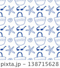 Summer beach vacation seamless pattern with blue line art icons of sunglasses, straw bag, starfish and seashell on white background 138715628