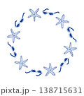 Summer beach wreath frame with blue line art starfish and sunglasses, round vector border for vacation card, logo and tropical design 138715631