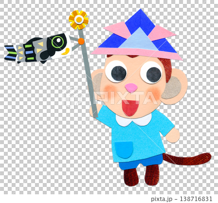 Children's Day: A baby monkey in a smock holding a carp streamer - Collage character illustration B Children's Day: A baby monkey in a smock holding a carp streamer - Collage character illustration B 138716831