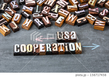 USA Cooperation Conflict Opposing Directions Shown With Wooden Letter Blocks and Arrows USA Cooperation Conflict Opposing Directions Shown With Wooden Letter Blocks and Arrows 138717438